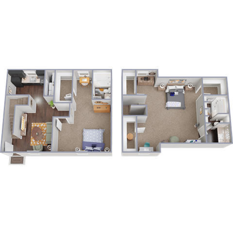 Two images of a room layout with furniture and decorations.